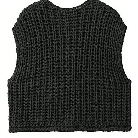 Black Casual Women's Loose Knit Vest With Double Pockets - Picture 2 of 5